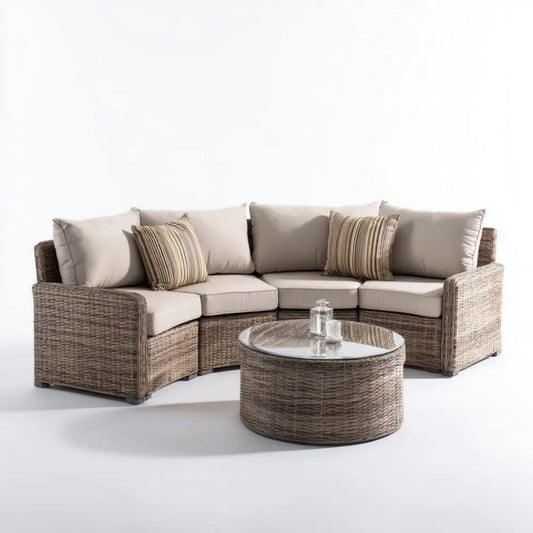 4-elementowy ogrodowy zestaw wypoczynkowy z technorattanu, brązowo-beżowy, sofa narożna 240 x 85 x 85 cm ze stolikiem Ø 90 cm