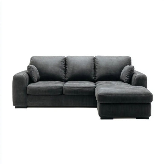 Grafitowa sofa narożna z szezlongiem po prawej stronie z prążkowanego poliestru, 240 x 160 x 86 cm