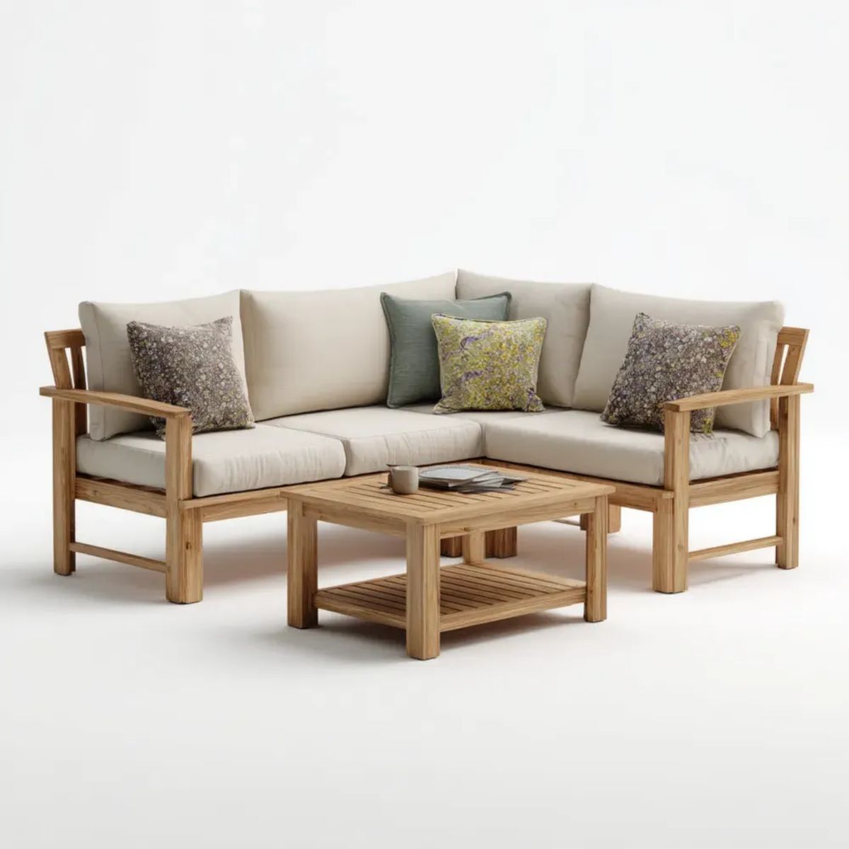 Narożny zestaw mebli ogrodowych z litego drewna akacjowego, naturalny brąz i beż, sofa 240 x 180 cm ze stolikiem 100 x 60 cm
