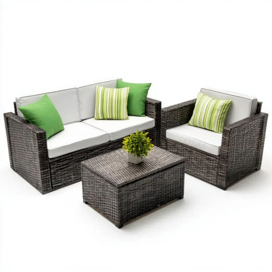 3-częściowy zestaw mebli ogrodowych z technorattanu Szary/Biały/Zielony – sofa 124 × 68 × 75 cm