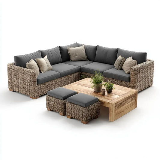 6-częściowy narożny zestaw sof ogrodowych z technorattanu, naturalny brąz z grafitowymi poduszkami, sofa 300 × 230 cm