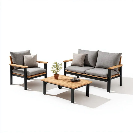 3-częściowy zestaw mebli ogrodowych: sofa 128 × 72 × 78 cm, fotel 70 × 72 × 78 cm i stolik 100 × 60 × 43 cm, szary, z drewna i stali